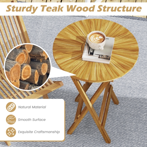Gymax Patio Folding Side Table 23.5'' Teak Wood Round End Table Fully Assembled Natural