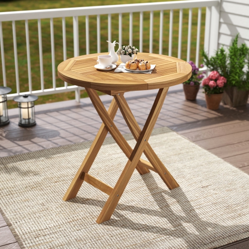 Gymax Patio Teak Wood Dining Table 27.5'' Round Side Table w/ Slatted Tabletop