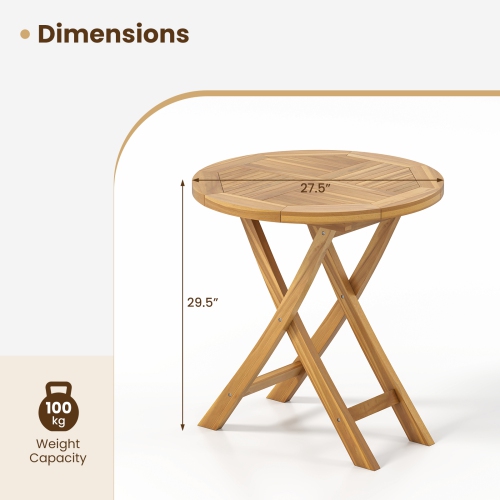 Gymax Patio Teak Wood Dining Table 27.5'' Round Side Table w/ Slatted Tabletop