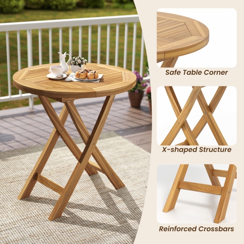 Gymax Patio Teak Wood Dining Table 27.5'' Round Side Table w/ Slatted Tabletop