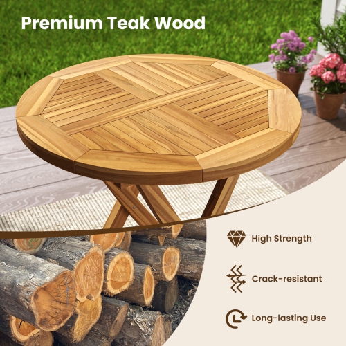 Gymax Patio Teak Wood Dining Table 27.5'' Round Side Table w/ Slatted Tabletop