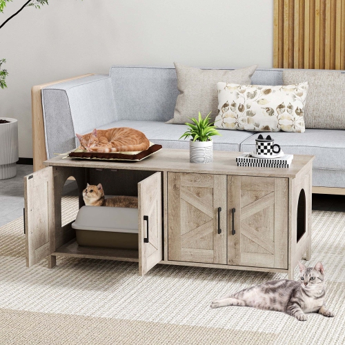 Gymax Cat Litter Box Enclosure for 2 Cats w/ Double Rooms Wooden Cat Washroom Cabinet