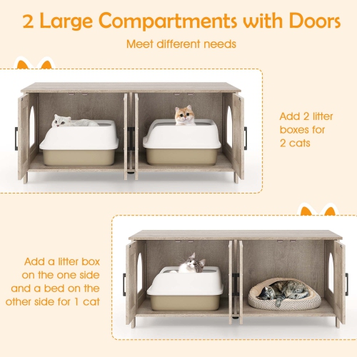 Gymax Cat Litter Box Enclosure for 2 Cats w/ Double Rooms Wooden Cat Washroom Cabinet
