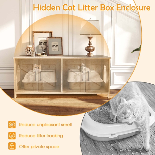 Gymax Cat Litter Box Enclosure for 2 Cats w/ Double Rooms Wooden Cat Washroom Cabinet