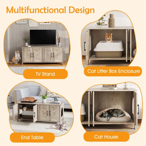 Gymax Cat Litter Box Enclosure for 2 Cats w/ Double Rooms Wooden Cat Washroom Cabinet