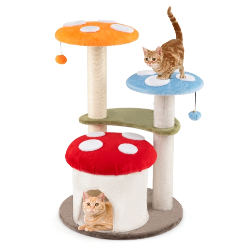 GYMAX  Cute Mushroom Cat Tree 35" Tall Cat Tower W/ Sisal Scratching Posts Cat Condo