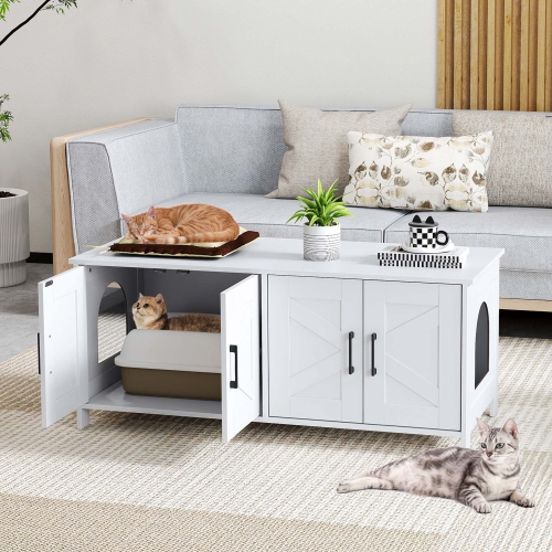 Gymax Cat Litter Box Enclosure for 2 Cats w/ Double Rooms Wooden Cat Washroom Cabinet