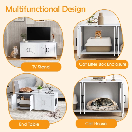Gymax Cat Litter Box Enclosure for 2 Cats w/ Double Rooms Wooden Cat Washroom Cabinet