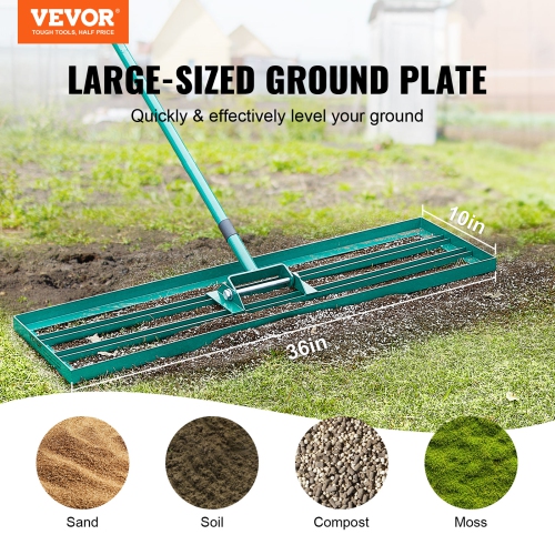 VEVOR 36"x10" Lawn Leveling Rake, Level Lawn Tool, Heavy-duty Lawn Leveler with 78" Steel Extended Handle, Yard Leveling Rake Suit for Garden, Golf