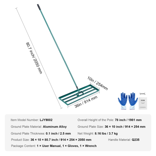 VEVOR 36"x10" Lawn Leveling Rake, Level Lawn Tool, Heavy-duty Lawn Leveler with 78" Steel Extended Handle, Yard Leveling Rake Suit for Garden, Golf