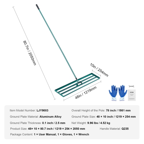 VEVOR 48"x10" Lawn Leveling Rake, Level Lawn Tool, Heavy-duty Lawn Leveler with 78" Steel Extended Handle, Yard Leveling Rake Suit for Garden, Golf