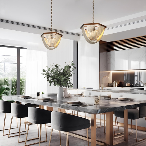 4-Light Bead Off-white Chandelier Dining Room CHnadelier with Wood Beads