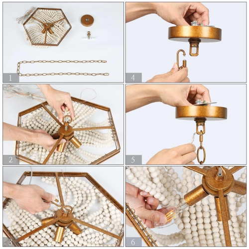 4-Light Bead Off-white Chandelier Dining Room CHnadelier with Wood Beads