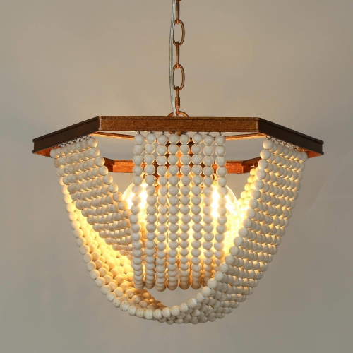 4-Light Bead Off-white Chandelier Dining Room CHnadelier with Wood Beads