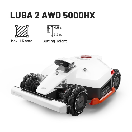 Image 1 of 9.. LUBA 2 AWD 5000HX Robot Lawn Mower, All-Wheel-Drive for 80% Slope, Reception 1.25 Acres, Max 1.5 Acre, UltraSense AI Vision , With 4G, 2.2"-4.0"