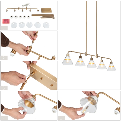 Uolfin 5 -Light White Linear with Clear Cone Glass Modern/contemporary For Use in Bedrooms, Dining Rooms, Foyers, Kitchens, Living Rooms Chandelier