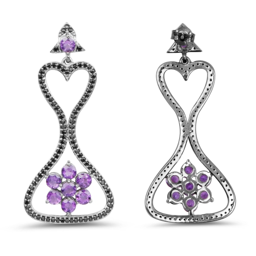 6.31 carat – Boucles d'oreilles .925 en argent sterling, améthyste véritable et spinelle noir