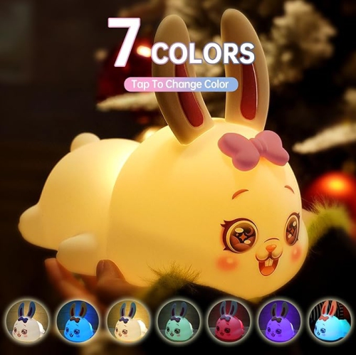 Veilleuse lapin pour enfants, veilleuse LED de 7 couleurs pour chambre à coucher, lampe de nuit adorable pour chambre de bébé lapin pour filles