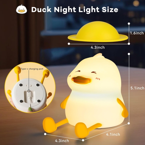 Cute Duck Night Light for Kids, Squishy Silicone Duck Light - Colorful, Dimmable, Rechargeable, Nursery Lamp for Breastfeeding, Room Décor