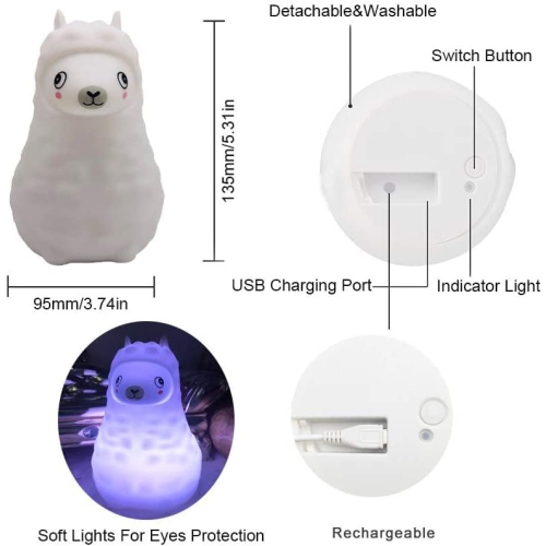 Veilleuse pour enfants Animal Alpaca, lampe de chevet LED pour chambre d'enfant, lampe en silicone souple rechargeable, luminosité et couleurs