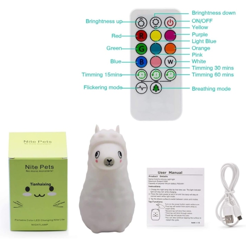 Veilleuse pour enfants Animal Alpaca, lampe de chevet LED pour chambre d'enfant, lampe en silicone souple rechargeable, luminosité et couleurs