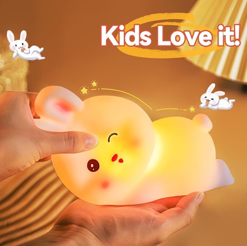 Veilleuse lapin pour fille, veilleuse à piles pour enfant, jolis objets pour décoration de chambre d'enfant, lampe portative rechargeable LED de 7
