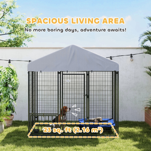 PawHut 5.9' x 4' x 6' Dog Run Outdoor, Large Outdoor Dog Kennel Welded Wire Steel Fence with UV-Resistant & Waterproof Cover, Rotating Adjustable