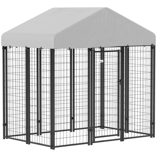 PawHut 6' x 4' x 6' Dog Run Outdoor, Large Outdoor Dog Kennel Welded Wire Steel Fence with UV-Resistant & Waterproof Cover, Secure Lock, Silver