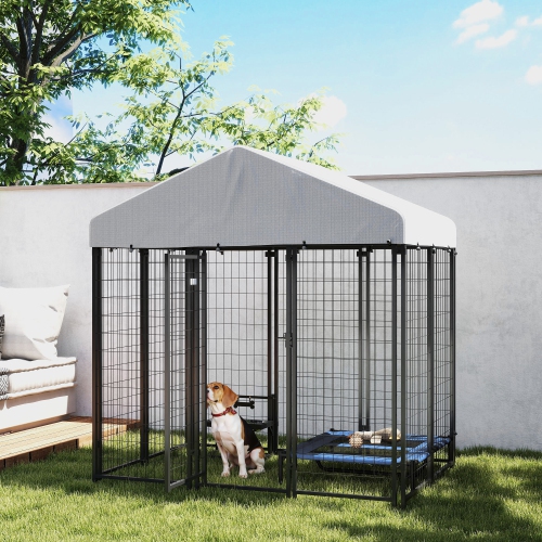 PawHut 6' x 4' x 6' Dog Run Outdoor, Large Outdoor Dog Kennel Welded Wire Steel Fence with UV-Resistant & Waterproof Cover, Secure Lock, Silver