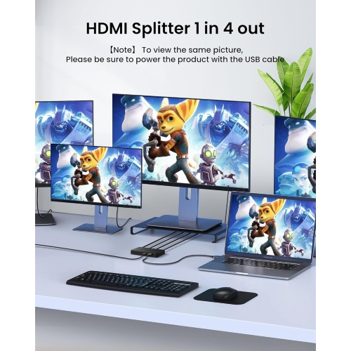 HDMI Splitter 1 in 4 Out, 4K HDMI Splitter Support Duplicate/Mirror 1 Source Screen to 4 HDMI Display Devices(Not Extend), 4 Port HDMI Splitter for