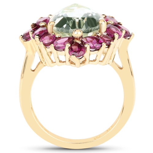 Bague en argent sterling plaqué or jaune 14 K 7.21&nbsp;carat, améthyste verte véritable et rhodolite .925