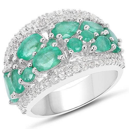 QJ  3.27 Carat Genuine Emerald And Zircon .925 Sterling Silver Ring In White