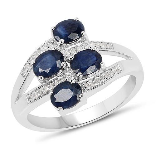 Bague en argent sterling .925, saphir bleu véritable et diamant blanc 1.61&nbsp;carat
