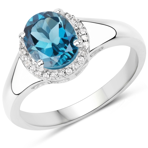 QJ  2.13 Carat Genuine London Topaz And White Topaz .925 Sterling Silver Ring In Blue