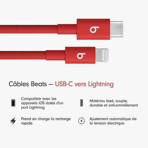 Câble tissé USB-C à Lightning de 1,5 m de Beats By Dr. Dre (MFEH4LL/A) - Rouge vif