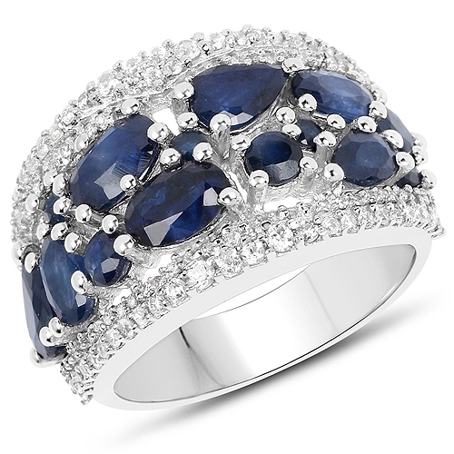 QJ  3.61 Carat Genuine Sapphire And White Zircon .925 Sterling Silver Ring In Blue