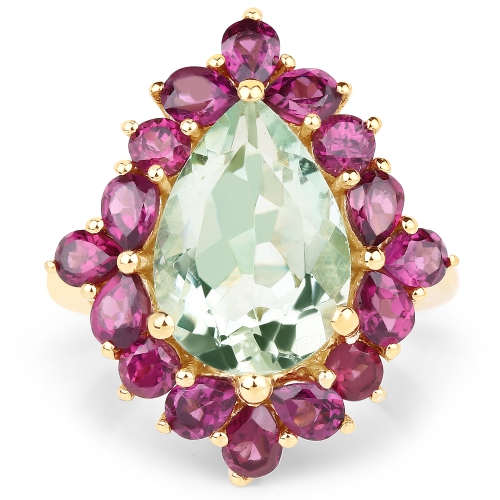 Bague en argent sterling plaqué or jaune 14 K 7.21&nbsp;carat, améthyste verte véritable et rhodolite .925