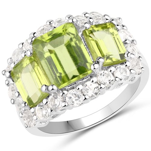 QJ  6.00 Carat Genuine Peridot And Topaz .925 Sterling Silver Ring In White