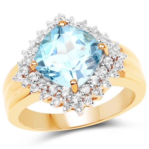 QJ  14K Gold Plated 4.33 Carat Genuine Swiss Blue Topaz And White Topaz .925 Sterling Silver Ring In Yellow