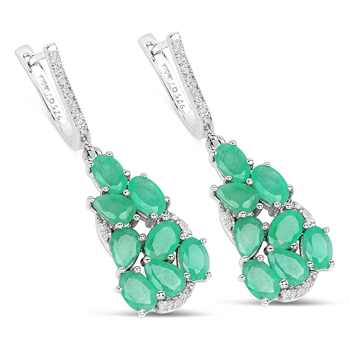 QJ  6.69 Carat Genuine Emerald And Diamond .925 Sterling Silver Earrings In White