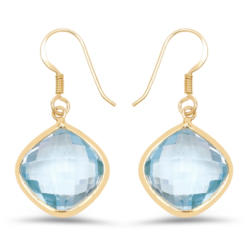 QJ  14K Gold Plated 29.00 Carat Genuine Blue Topaz .925 Sterling Silver Earrings In Yellow