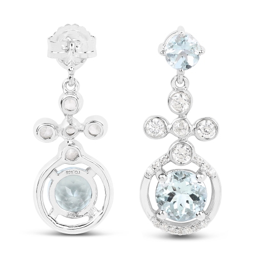 4.42 Carat Genuine Aquamarine and White Zircon .925 Sterling Silver Earrings