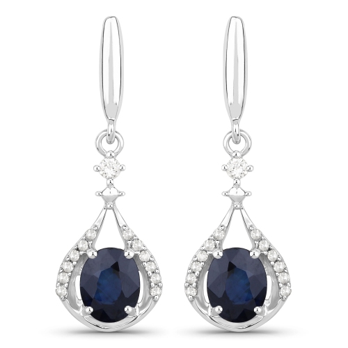 QJ  0.86 Carat Genuine Sapphire And White Diamond 14K White Gold Earrings In Blue