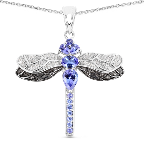 QJ  1.93 Carat Genuine Tanzanite And Topaz .925 Sterling Silver Pendant In White