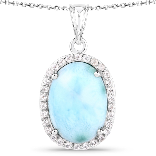QJ  13.55 Carat Genuine Larimar And Topaz .925 Sterling Silver Pendant In White