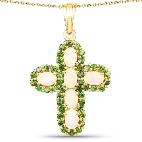 QJ  14K Gold Plate 3.11 Carat Genuine Ethiopian Opal & Chrome Diopside .925 Silver Pendant In Yellow