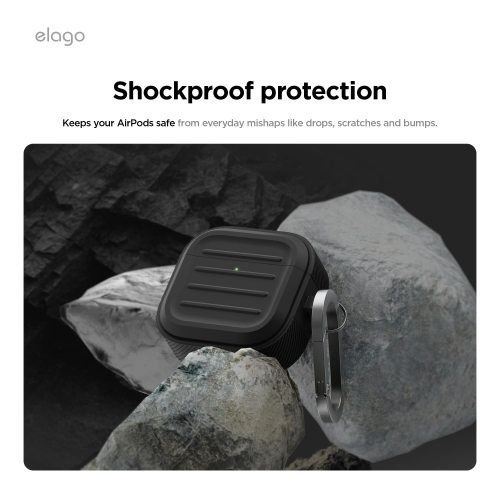 elago Armor Case Compatible with AirPods 4th Generation Case, Carabiner Included, Supports Wireless Charging, Shock Resistant, Full Protection