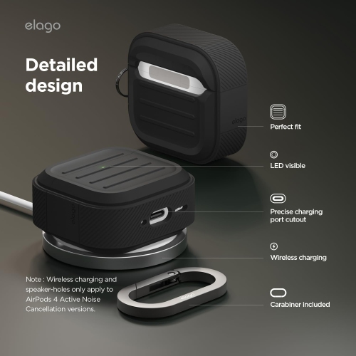 elago Armor Case Compatible with AirPods 4th Generation Case, Carabiner Included, Supports Wireless Charging, Shock Resistant, Full Protection