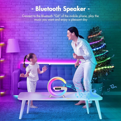 Wireless Charger Atmosphere Lamp, Mini LED Table Lamp, Bluetooth Speaker, Dimmable Night Light Bedside Lamp Alarm Clock with Music for Christmas