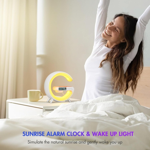 Wireless Charger Atmosphere Lamp, Mini LED Table Lamp, Bluetooth Speaker, Dimmable Night Light Bedside Lamp Alarm Clock with Music for Christmas